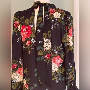LOFT Dark Floral Mock Neck Long Sleeve Back Tie Keyhole Blouse
